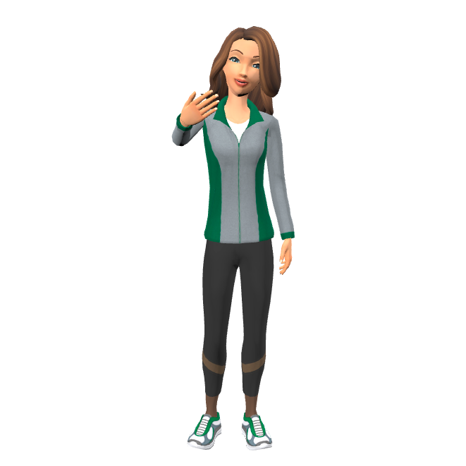 avatar image of a smiling woman with shoulder-length brown hair in a gray and green zipped jacket and sport leggings and sneakers making a beckoning gesture with one hand