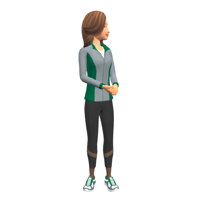 avatar image of a woman with shoulder-length brown hair in a gray and green zipped jacket and sport leggings and sneakers looking to the right with her hands clasped together