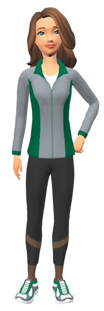 avatar image of a smiling woman with shoulder-length brown hair in a gray and green zipped jacket and sport leggings and sneakers with one hand on her hip