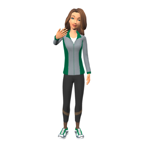 avatar image of a smiling woman with shoulder-length brown hair in a gray and green zipped jacket and sport leggings and sneakers making a beckoning gesture with one hand